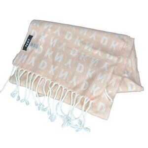 DKNY Blush Pink White Soft Cozy Monogram Logo Fringe Winter‎ Scarf 68" X 11.5"